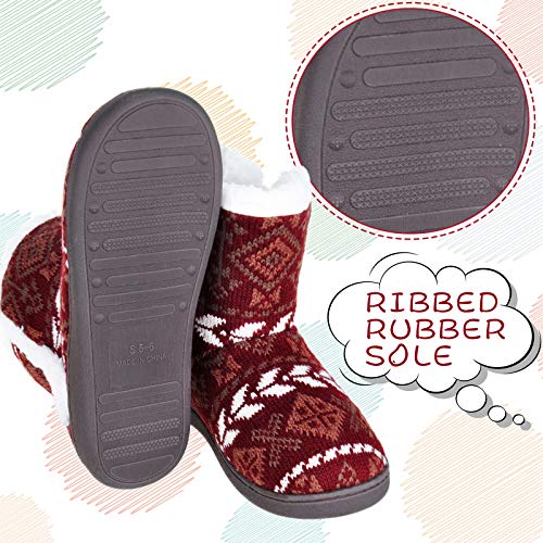 Women Comfort Warm Fluffy Faux Fur Slipper Boots Soft Memory Foam Ankle Booties House Pull on Shoes Anti-Slip Sole Indoor Outdoor (5-6, Red, numeric_5)