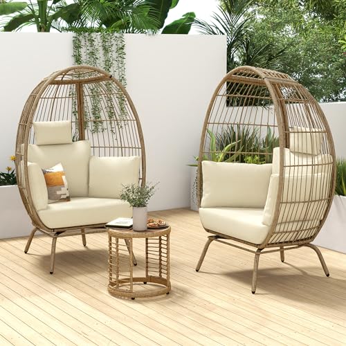 YITAHOME Outdoor Egg Chair, 370lbs Capacity Wicker Patio Basket Chair, All-Weather Oversized Stationary Egg Lounger Chair for Indoor Living Room Outside Balcony Backyard (Beige)