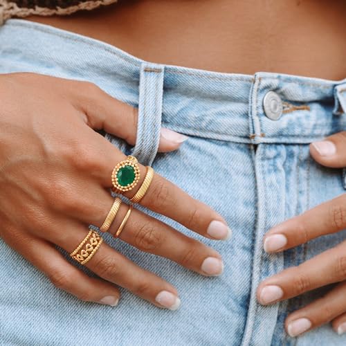 GNIRTSI Gold Flat Ribbed Ring for Women 14K Gold Plated Minimalist Stack 4MM Wide Band Finger Jewelry Size 6