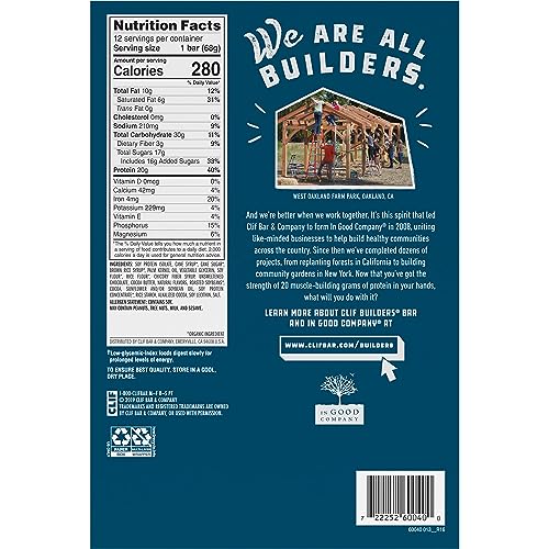 CLIF Builders - Cookies 'n Cream Flavor - Plant Based Protein Bars - Gluten Free - Non-GMO - Low Glycemic - 20g Protein - 2.4 oz. (12 Count)