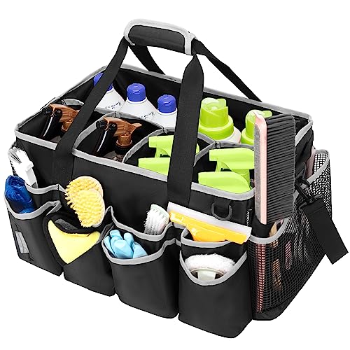 HODRANT Extra-Large Wearable Cleaning Caddy, Organizer Bag for Products, Housekeeper Tote With Pad, Handle & Divider, Car Wash Tools Bag for Detailing Supplies, Gray Edge