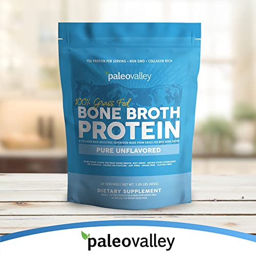 Paleovalley 100% Grass Fed Bone Broth Protein Powder - Chocolate - Rich in Collagen for Hair, Skin, Gut Health, Bone and Joint Support - 28 Servings