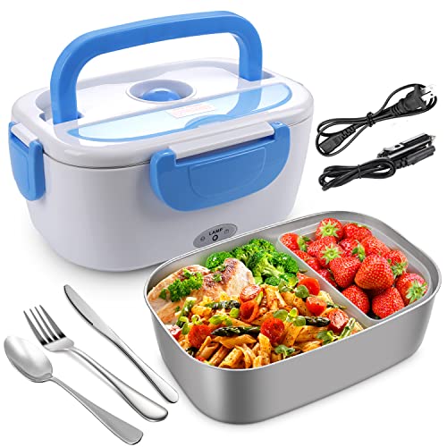 AsFrost Electric Lunch Box Food Heater, LeakProof 12V 24V 110V Portable Food Warmer Heated Lunch Box for Adults Car Truck Work Home, 0.45L Compartments, 1.5L Removable 304 Stainless Steel Container