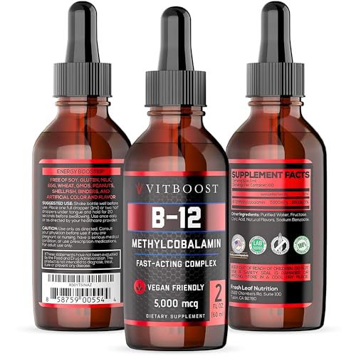 VITBOOST Vegan Liquid B-12 Drops – 60 x 5000 mcg Extra Strength Raspberry Flavored Vitamin B12 Liquid Methylcobalamin sublingual Supplement | Designed to Maximize Absorption & Energy | Gluten Free