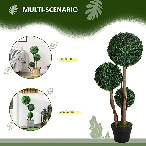 HOMCOM Artificial Plant for Home Decor Indoor & Outdoor Fake Plants Artificial Tree in Pot, 3 Ball Boxwood Topiary Tree for Home Office, Living Room Decor, Dark Green