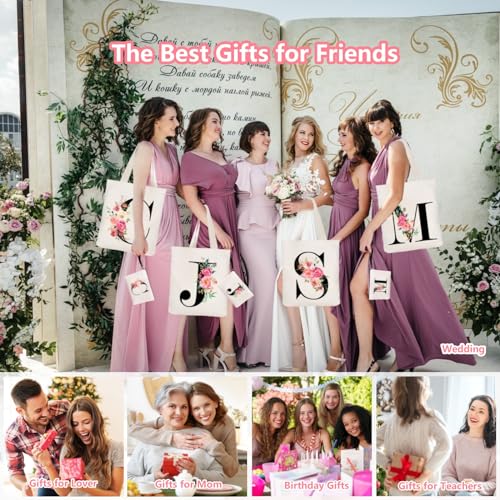 Initial Canvas Tote Bag for Women, Personalized Monogrammed Tote Bags with Makeup Gift Bag for Wedding Bridesmaids Birthday