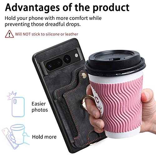 Phone Case for Google Pixel 7 Pro 5G Wallet Cover with Screen Protector and Wrist Strap Lanyard RFID Credit Card Holder Ring Stand Cell Accessories Pixel7Pro Pixel7 XL Seven 7Pro 6.7 Women Men Black