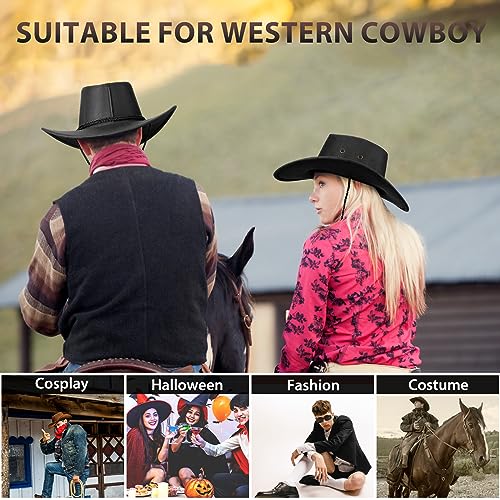 UwantC Mens Faux Felt Western Cowboy Hat Fedora Outdoor Wide Brim Hat with Strap Black