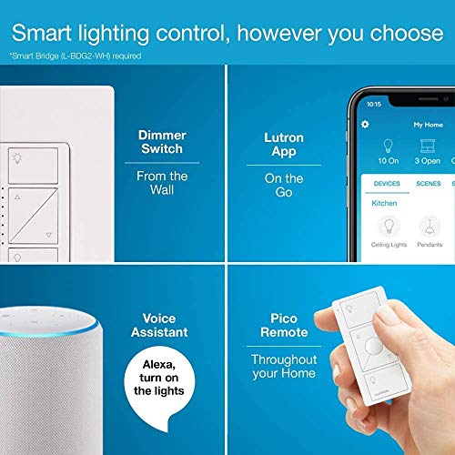 Lutron Caseta Smart Lighting Original Dimmer Switch w/ Pico Remote and Bracket, for LED Lights, Works w/ Alexa, Apple Homekit, Google Home (Hub Required), 150W, No Neutral Required, P-PKG1WB-WH