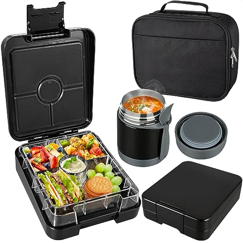 Pawtong Bento Lunch Box Set With 10oz Soup Thermo, Leak-proof Lunch Containers with 4 Compartment, Kids Hot Thermo Food Jar/Insulation Lunch Bag, Food Containers for School (Black)