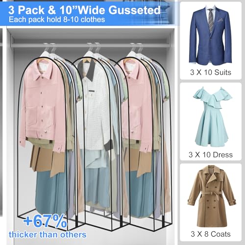 40" Clear Garment Bag - 3 Pack 10” Gusseted Suit Bags For Closet Storage Hanging Clothes Shirts, Coats, Dresses
