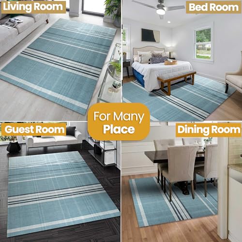 EORC Area Rugs for Living Room & Home Décor – Non-Slip Hand-Knotted Wool Flat Weave Oriental Rug Provides Comfort & Beauty, Indoor Floor Area Rug for Bedroom, Dining Room, & Offices Denim Plaid Rug