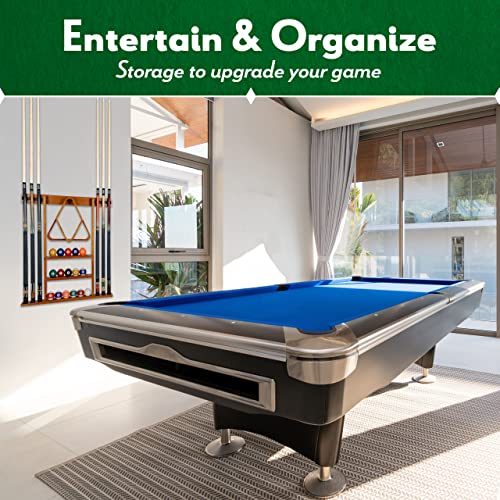 Iszy Billiards Pool Cue Rack - Billiard Pool Stick and Ball Holder Only - 100% Wood Wall Mount Holds 6 Cues and 16 Balls - Pool Table Accessories, Oak