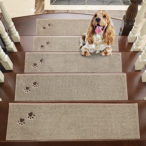 BEQHAUSE Stair-Treads-for-Wooden-Steps-Non-Slip Stair Treads Machine Washable Carpet Stair Treads 28inX9in Soft Indoor Stair Runner for Kids Elders and Pets 100% Polyester 4pcs,Dark Grey