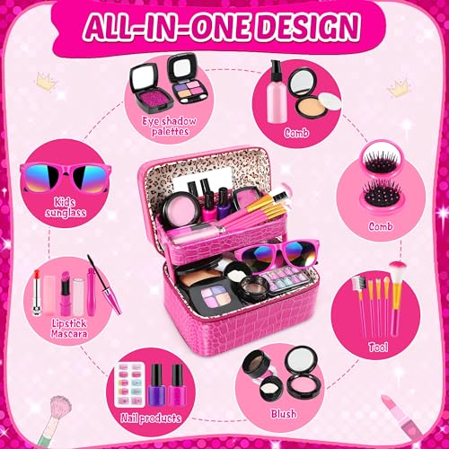 Luucio Pretend Makeup for Toddlers, Fake Makeup Set for Girls - with Double-Layer Bag for Birthday Christmas, Toy Makeup Set for Toddler, Little Girls Age 3+(Not Real Makeup)