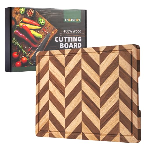 THETCHRY Large Wood Cutting Boards for Kitchen - Design in USA Butcher Block Cutting Board,Chopping Board for Kitchen with Juice Grooves & Built in Side Handles,17"L x 12"W x 0.8"Th