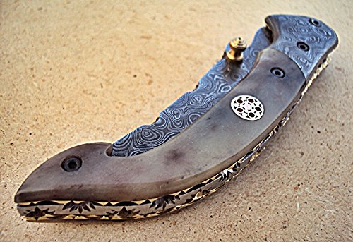 Limited Edition - FNA-32 Custom Handmade Damascus Steel Folding Knife - Beautiful Camel Bone Handle with Damascus Steel Bolsters (Colored Bone)