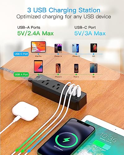 Cruise Essentials, USB C Travel Power Strip, Flat Plug Power Strip with 2 Outlets 3 USB Ports (1 USB C), Flat Extension Cord USB Charging Station, Non Surge Protector for Cruise, Travel, Home