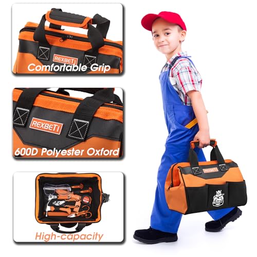 REXBETI 10-Piece Kids Tool Set with Real Hand Tools, Orange Durable Storage Bag, Children Learning Tool Kit for Home DIY and Woodworking, 6+ Year Old Birthday Gift