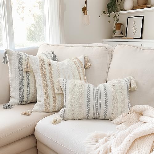 decorUhome Decorative Boho Throw Pillow Cover 12x20, Lumbar Accent Neutral Tufted Pillow Cover for Couch Bed Sofa, Textured Striped Woven Pillow Cover, Beige and Cream White, Pack of 1