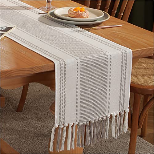 Caflife Boho Table Runner Natural Stripe for Modern Farmhouse Coffee Table Decor, Rustic Woven Runner with Handcrafted Tassels for Home Dining Table décor 13 x 60 Inch Long