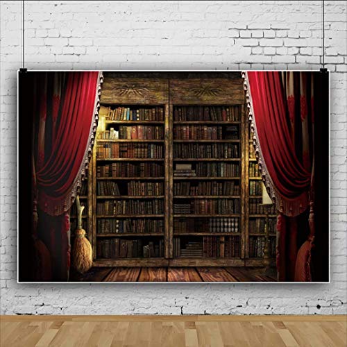 Ancient Library with Red Curtain Background 5x3ft Classical Study Bookshelf Wizard Magic Bookshelf Backdrop for Halloween Party Teacher Student Adults Portrait Photoshoot Studio Props Vinyl