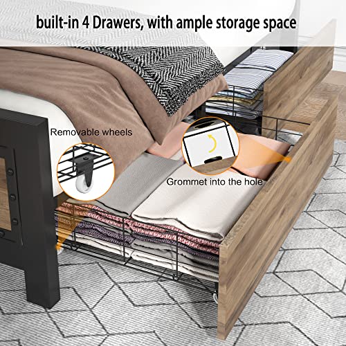 Keyluv King Bed Frame with 4 Storage Drawers, Rivet Modern Headboard and Footboard Platform Bed with Solid Wood Slats Support, No Box Spring Needed, Metal Frame Mattress Foundation Noise-Free