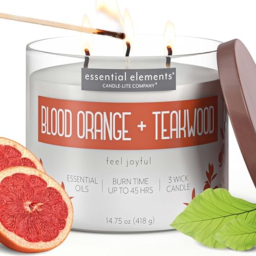 Essential Elements by Candle-lite Scented Candles, Blood Orange & Teakwood Fragrance, One 14.75 oz. Three-Wick Aromatherapy Candle with 45 Hours of Burn Time, Off-White Color