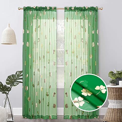 youleyar St. Patrick's Day Sheer Curtains, Clover Gold Foil Print Voile Sheer Curtains 2 Panels, Rod Pocket Window Treatment for Living Room Bedroom Dining Room (Clover,52 W x 96 L)