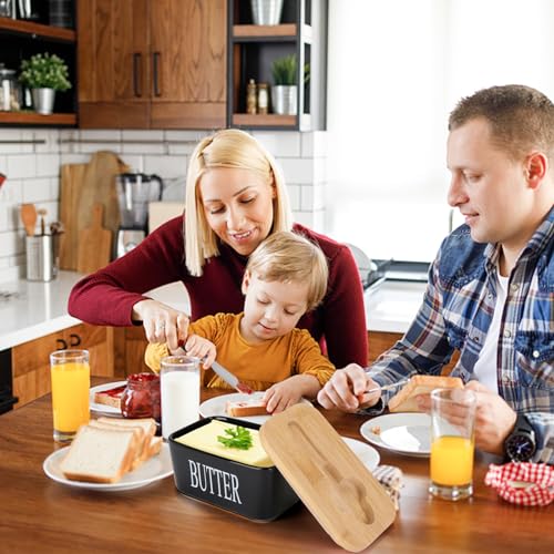 Vermida Butter Dish with Lid for Countertop, 2 Pack Ceramic Butter Container with Knife, Sturdy Butter Keeper with Bamboo Lid Holds 2 Sticks of West or East Coast Butter for Refrigerator, Black&White