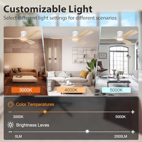 Livory Smart 52” Wood Flush Mount Ceiling Fans with Lights and Remote,Quiet DC Motor,Outdoor Indoor Ultra Low Profile Ceiling Fan works with Alexa WIFI APP,Modern White Ceiling Fan for Bedroom Patio