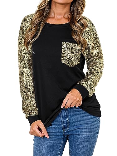 Ezcosplay Women Sparkling Sequins Tops Long Raglan Sleeves Glitter Shirt Sparkle Dressy Party Club Blouses Gold