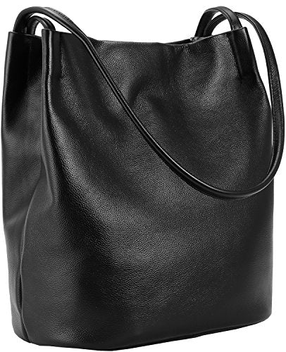 Iswee Black Leather Tote Bag Soft Genuine Leather Shoulder Bag Bucket Bags for Women Handbags and Purses Slouchy Hobo Large Satchel (Black)