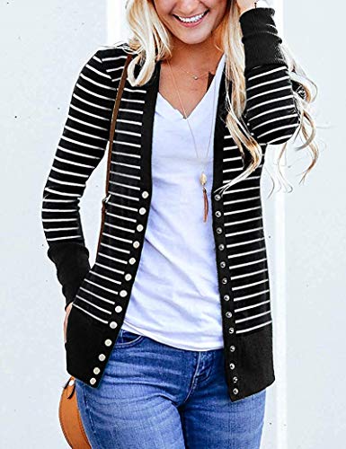 RichCoco Women's Striped Button Down Open Front Long Sleeve Contrast Color Casual Cardigans Sweaters (Mustard, S)