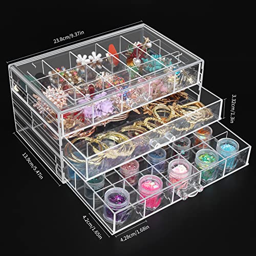 DesignSter Acrylic Jewelry Organizer 3 Drawers Clear Acrylic Jewelry Box for Women Earring Storage Box Transparent Jewelry Display Stand for Crafts Nail-art Trinkets-3 layer