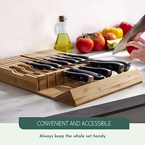 High-Grade 100% Bamboo Knife Drawer Organizer - 16 Knife Slots Plus a Sharpener Slot, Knife Organizer for Kitchen Organization, Durable, Secured, Practical, Eco-Friendly, Knife Block without Knives.