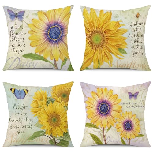 wyooxoo Throw Pillow Covers 18x18 Set of 4 Spring Summer Pillow Covers Floral Decorative Farmhouse Cushion Cases for Sofa Couch Living Room Outdoor Patio Home Decor (18" x 18", A)