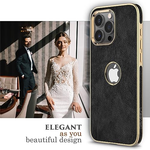 LOHASIC PU Leather Case for iPhone 15 Pro Max, Logo View, Luxury Elegant ProMax Phone Cover for Men Women, Anti-Slip Grip Protective TPU Bumper, 6.7 Inch, 5G, 2023 - Black Gold