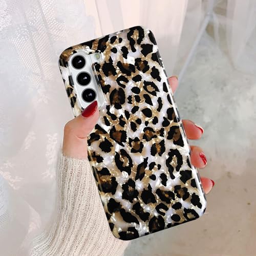 J.west Galaxy S24 Plus Case 6.7", Luxury Sparkle Glitter Translucent Cute Brown Leopard Pearly Thinfoil Design Shiny Animal Print Soft Silicone Cover for Women Girls Slim TPU Protective Phone Case