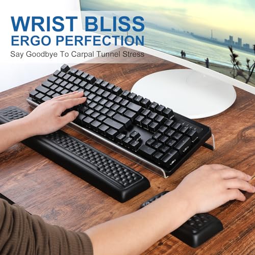 4 Pcs Keyboard Stand with Ergonomic Wrist Rest Set, Acrylic Keyboard Holder for Desk with Carpal Tunnel Wrist Support Coaster, Memory Foam Mouse Pad Keyboard Riser for Desktop/Computer(Black Leather)