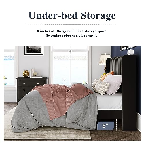 Allewie Full Size Velvet Bed Frame/Vertical Channel Tufted Wingback Headboard/Upholstered Platform Bed/Strong Wooden Slats/No Box Spring Needed/Easy Assembly/Black