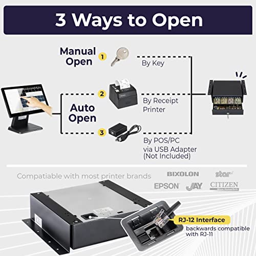 Volcora Cash Register Drawer with Under Counter Mounting Metal Bracket, 13" Black Cash Drawer for POS, 4 Bill 5 Coin Cash Tray, Fully Removable 2Tier Compartment 24V RJ11/RJ12 Key-Lock, 2 Media Slots