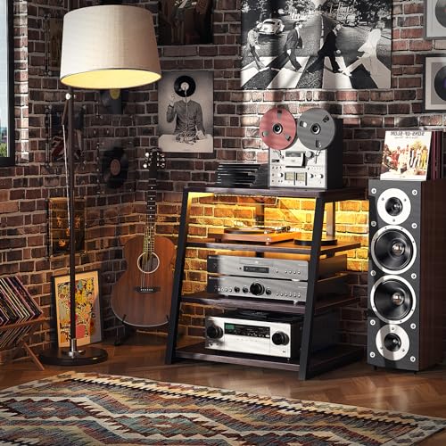 armocity 4-Tier AV Media Stand with Power Strips, Corner TV Stand with LED Lights, Rack Audio Tower with Adjustable Shelves, Corner Entertainment Center, 30'', Black Ebony
