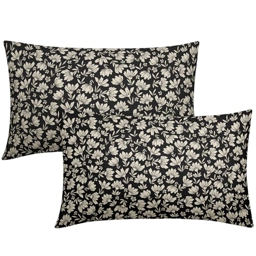 Black Block Print Lumbar Pillow Covers 12x20 Inch Set of 2, Rustic Cottage Style Cream Floral Decorative Throw Pillow Cases Cushion Covers Vintage Decoration Gift Farmhouse Sofa Couch Bed Decor