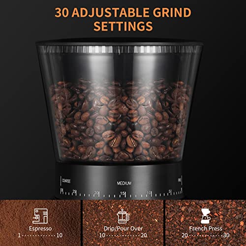 Ollygrin Coffee Bean Burr Grinder Electric, Burr Mill Conical Coffee Grinder With 30 Adjustable Grind Settings For 2-12 Cups, Sliver & Black