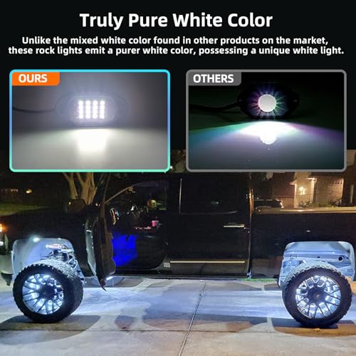 4Pods Segmented RGB LED Rock Lights with APP/RF Remote, Multicolor Neon Underglow Lights Vehicle Exterior Lights Multi Zone 12v Waterproof Underbody for Truck Jeep UTV ATV SUV SXS Golf Cart Offroad