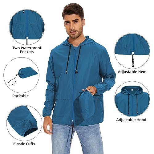 Zando Rain Jacket Men Lightweight Rain Coats for Men Waterproof wtih Hood Windbreaker Jackets for Men Packable Mens Rain Jackets Outdoor Raincoat Travel Men Rain Coat Cycling Raincoats Blue S