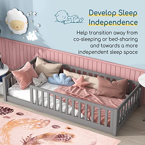 Tatub Twin Floor Bed for Kids with Safety Guardrails and Door and Slats, Wood Kids Montessori Floor Bed Frame for Girls and Boys, Twin-White Without Door