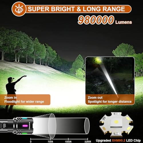 Flashlights High Lumens, Sunitact Flashlight LED Rechargeable, 980000 Lumens XHM90.2 Super Bright Flashlight, Flash Light Battery Powered, Powerful Handheld Flashlight for Home Emergency Hiking Gift