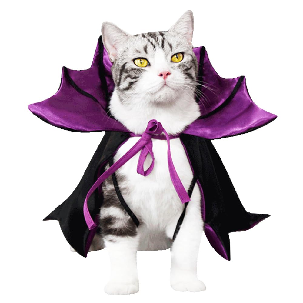 Cat Halloween Costume, Vampire Bat Wings Cape for Pets, Small Dog Halloween Costumes for Trick-or-Treating, Cosplay Events, Parties & Photos (Purple)